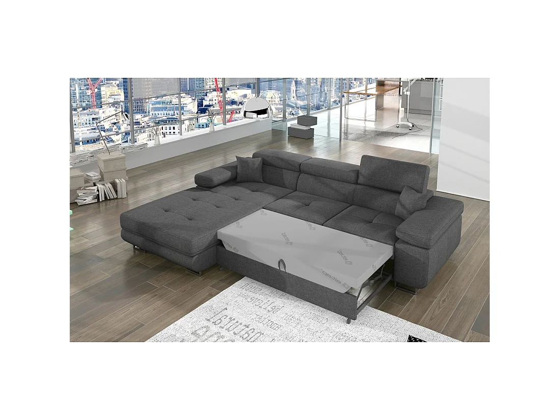 Canapé d'angle convertible AMANDA gris foncé chenille fine avec coffre