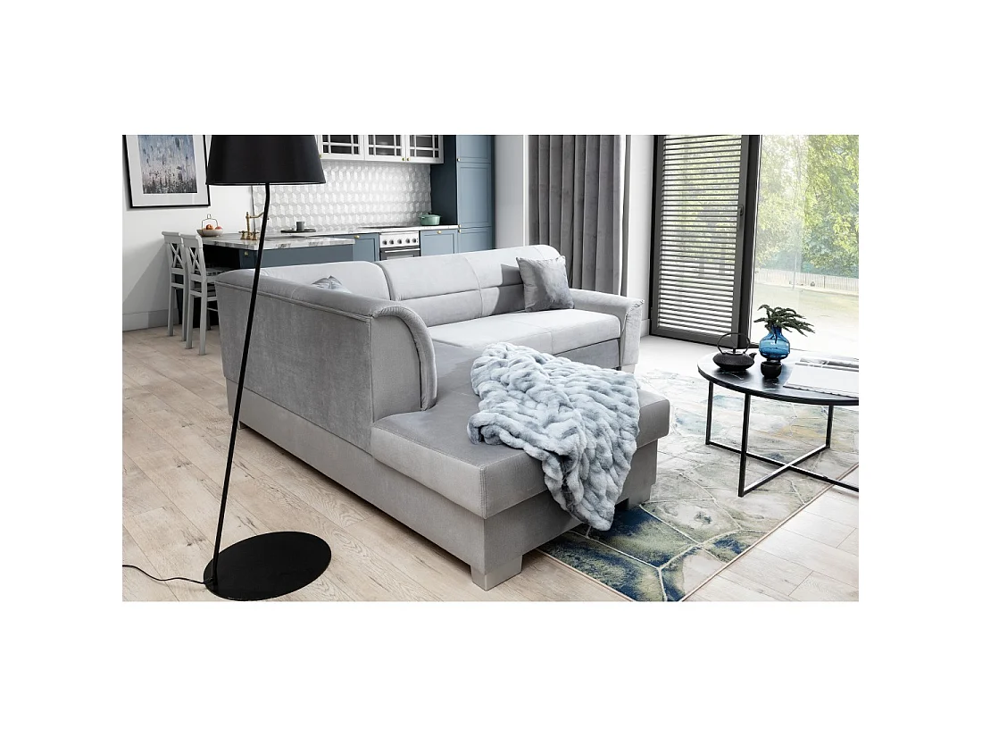 Canapé d'angle convertible TROMSO gris effet velours – Angle gauche avec coffre