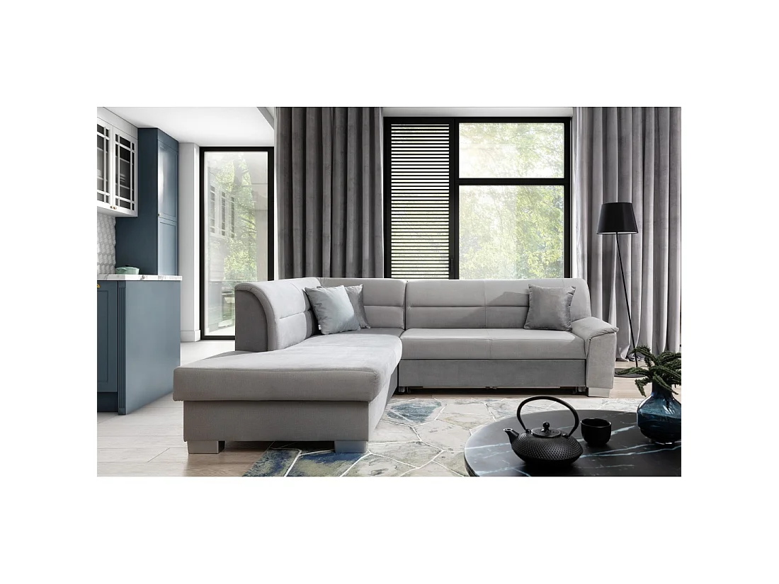 Canapé d'angle convertible TROMSO gris effet velours – Angle gauche avec coffre