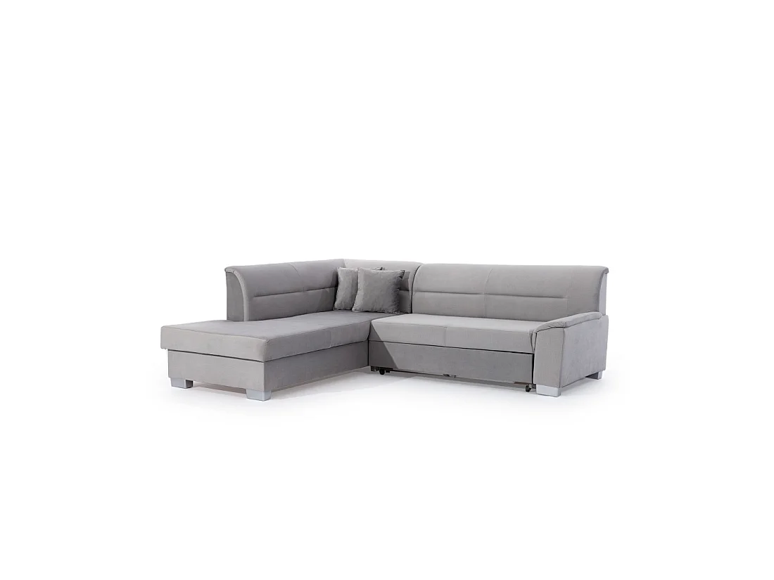 Canapé d'angle convertible TROMSO gris effet velours – Angle gauche avec coffre