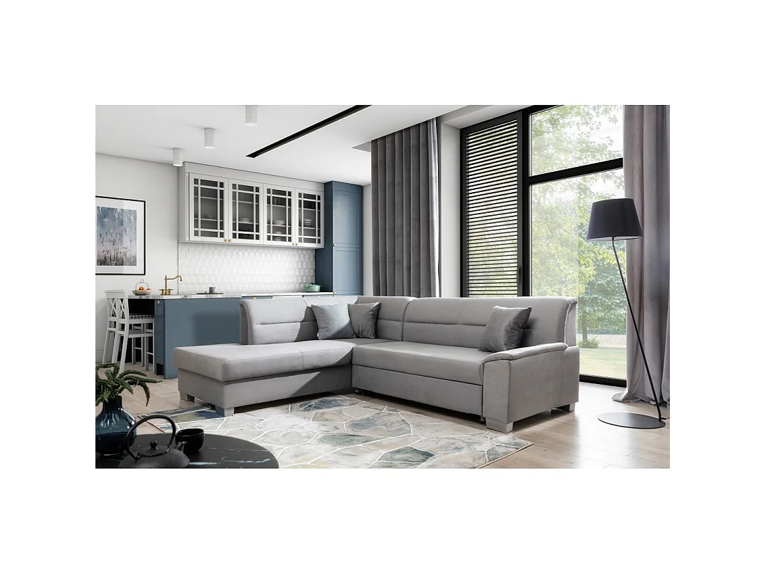 Canapé d'angle convertible TROMSO gris effet velours – Angle gauche avec coffre
