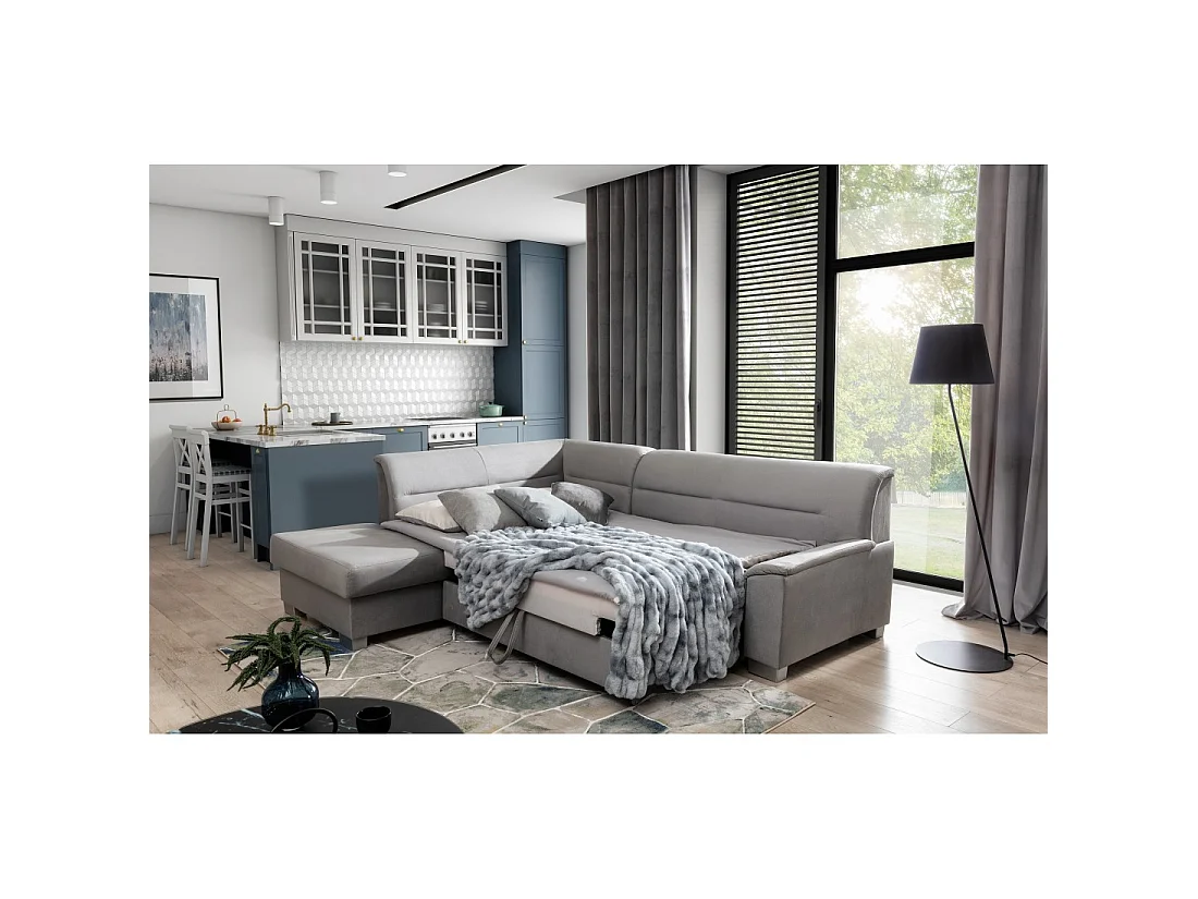 Canapé d'angle convertible TROMSO gris effet velours – Angle gauche avec coffre