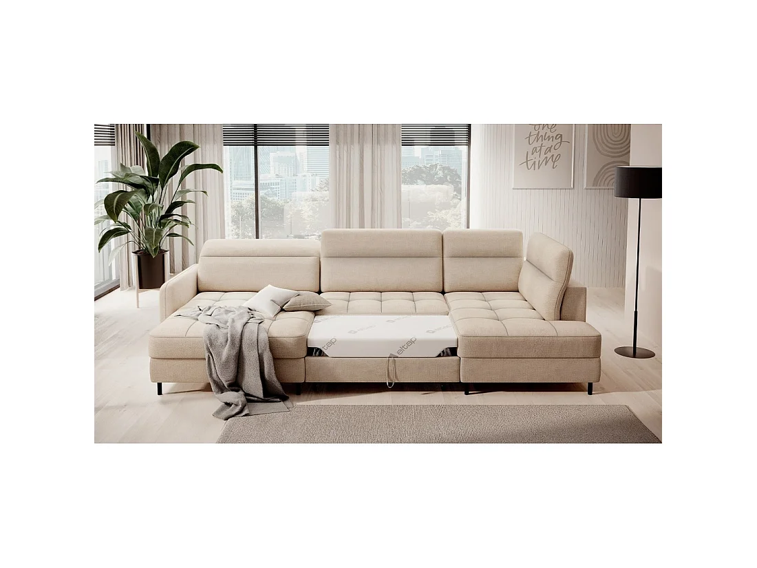 Canapé d'angle convertible BERTHO 306 cm beige crème – Angle gauche avec coffre