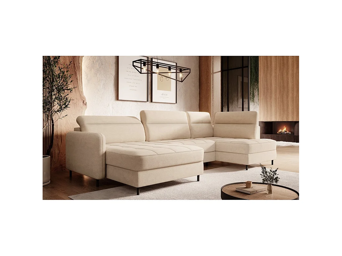 Canapé d'angle convertible BERTHO 306 cm beige crème – Angle gauche avec coffre