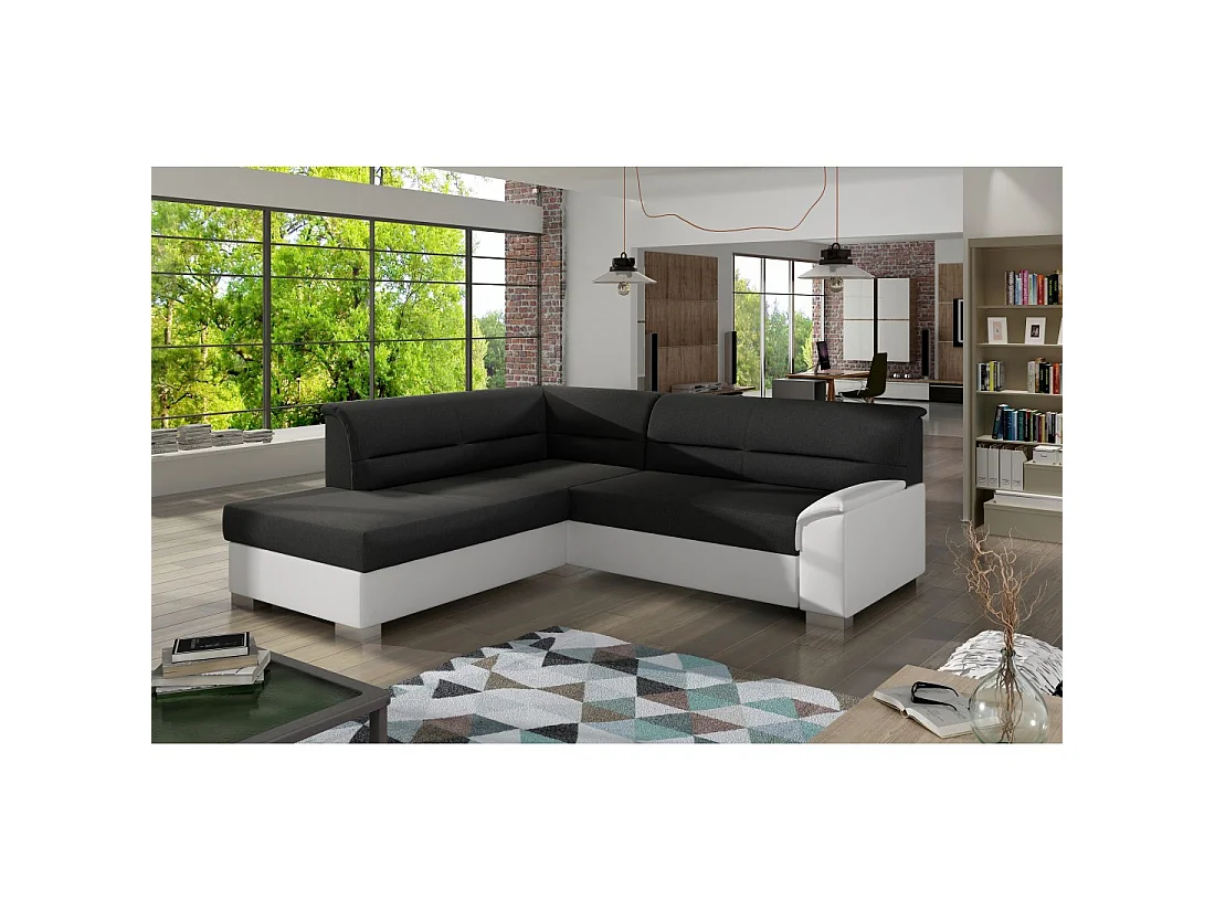 Canapé d'angle convertible TROMSO noir et blanc – Angle gauche avec coffre