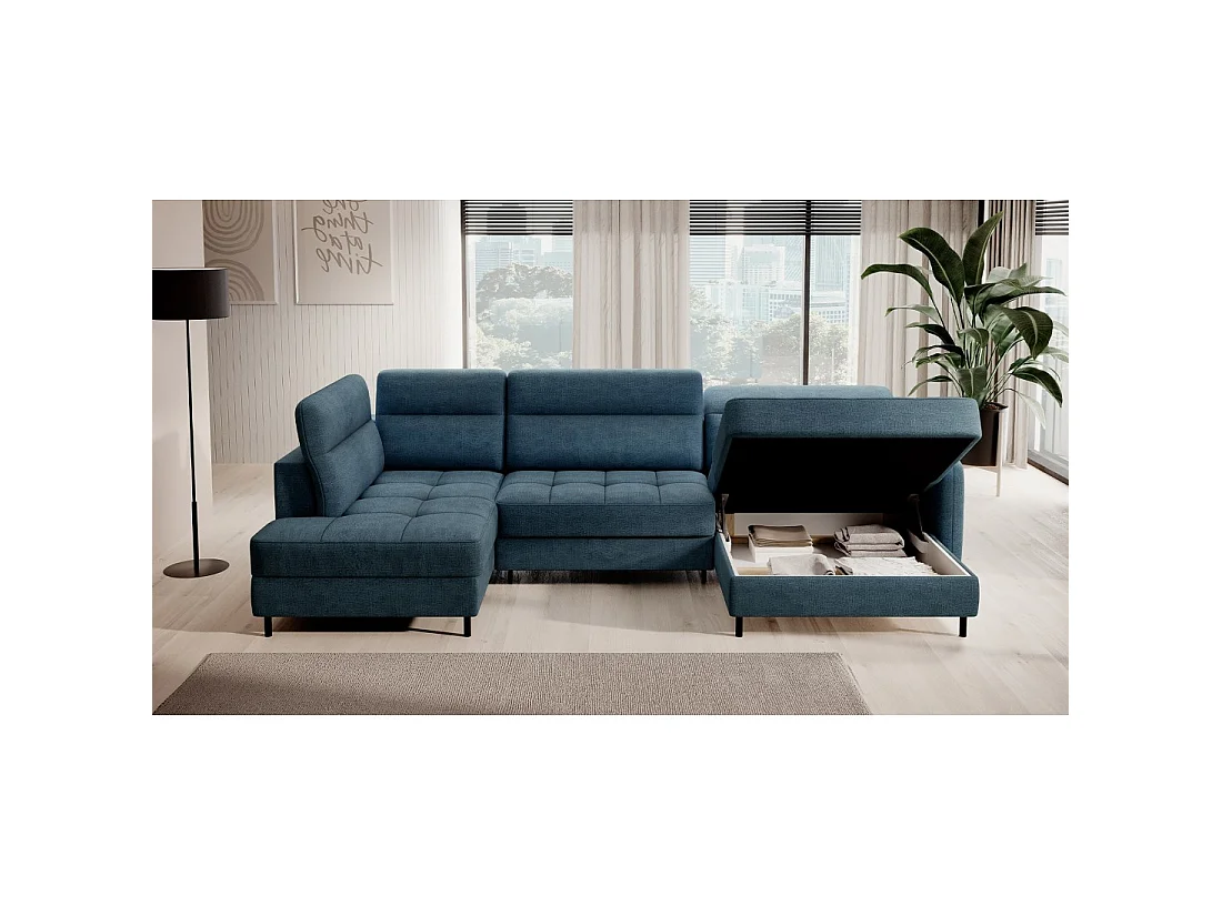 Canapé d'angle convertible BERTHO 306 cm bleu canard chenillé – Angle droit avec coffre