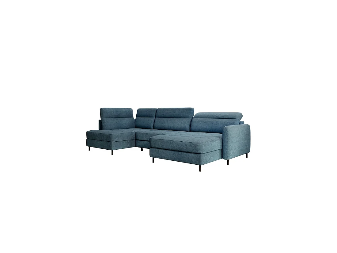 Canapé d'angle convertible BERTHO 306 cm bleu canard chenillé – Angle droit avec coffre