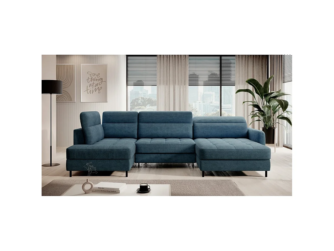 Canapé d'angle convertible BERTHO 306 cm bleu canard chenillé – Angle droit avec coffre