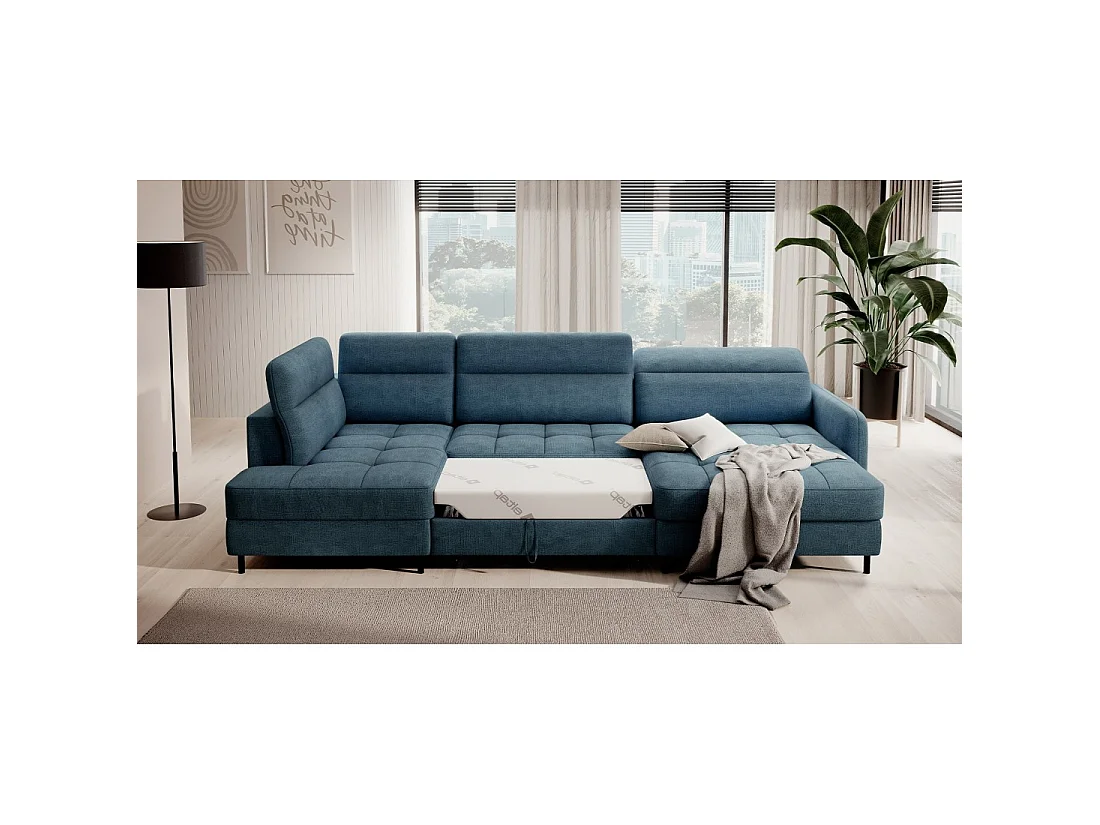 Canapé d'angle convertible BERTHO 306 cm bleu canard chenillé – Angle droit avec coffre