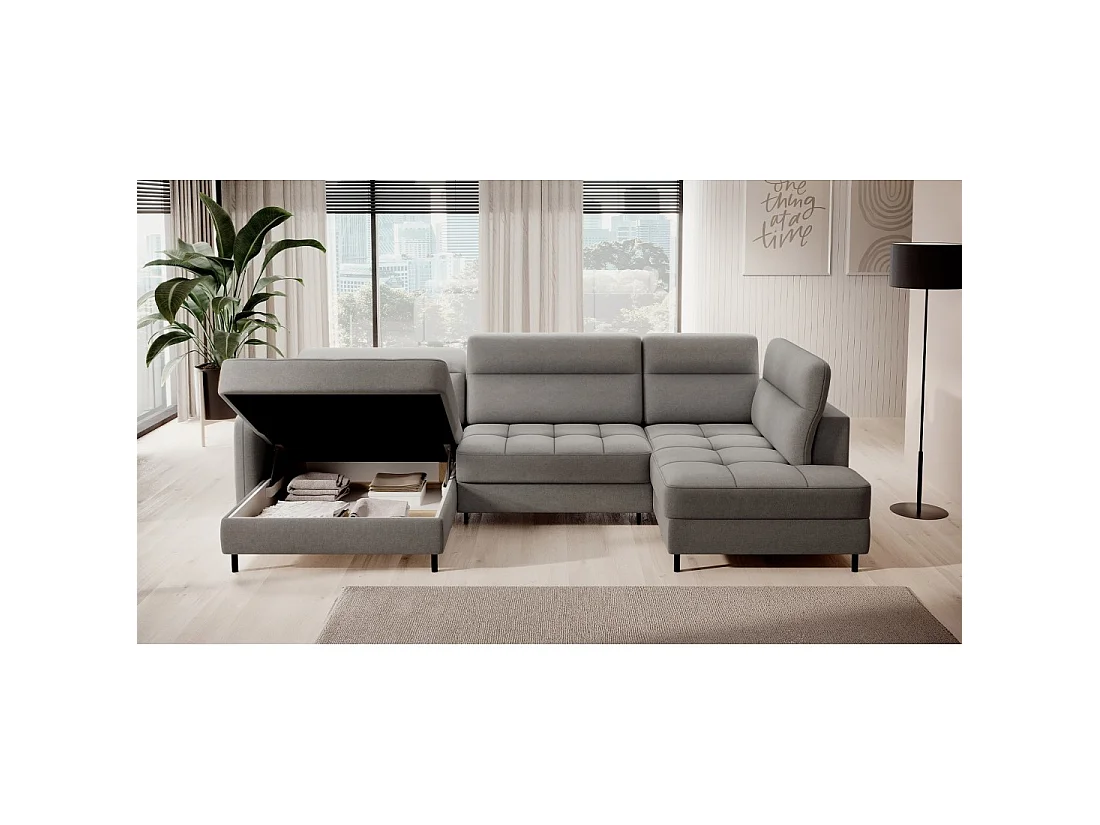 Canapé d'angle convertible BERTHO 306 cm gris – Angle gauche avec coffre