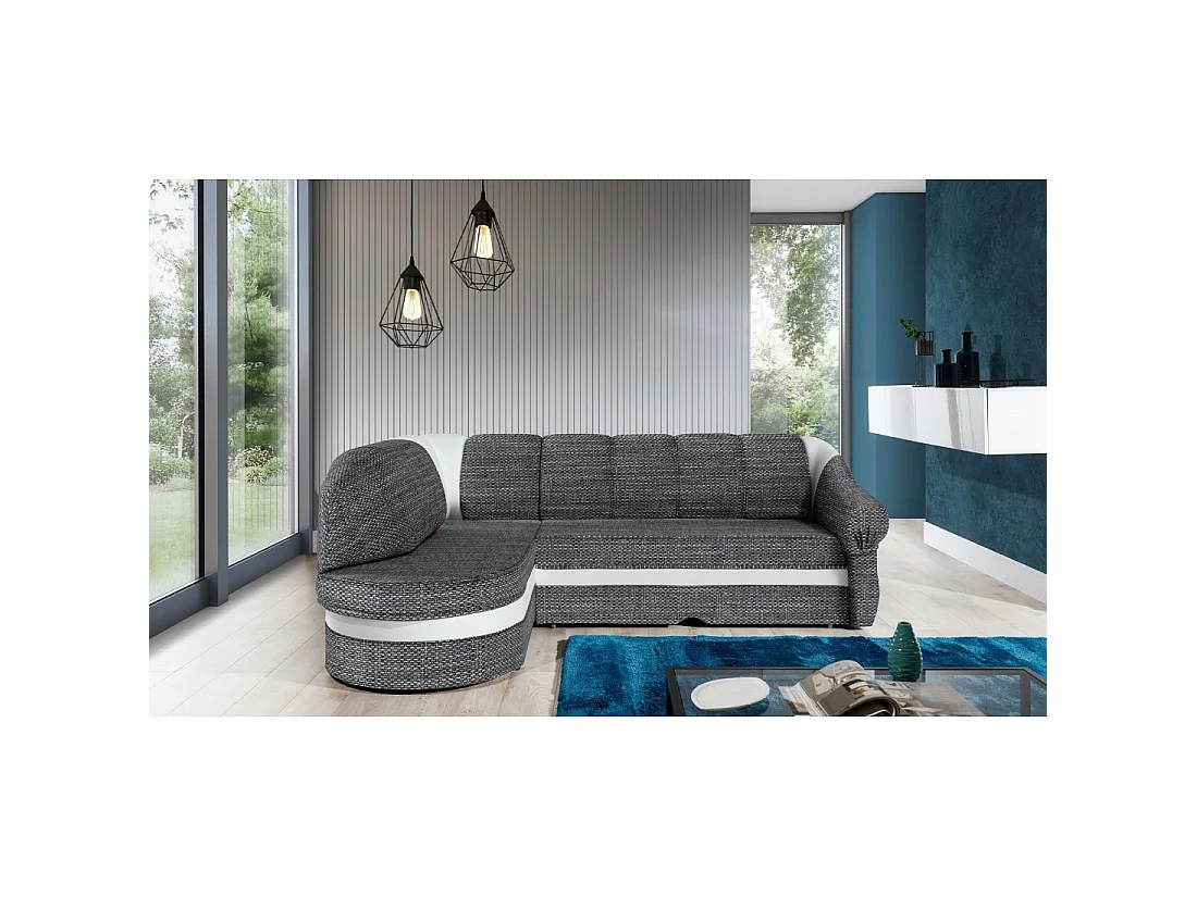 Canapé d'angle gauche convertible BENANA 250 cm gris et blanc avec coffre