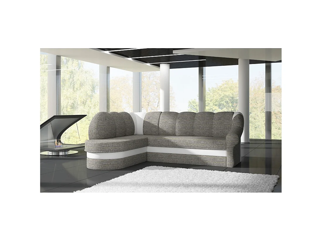 Canapé d'angle gauche convertible BENANA 250 cm gris et blanc avec coffre