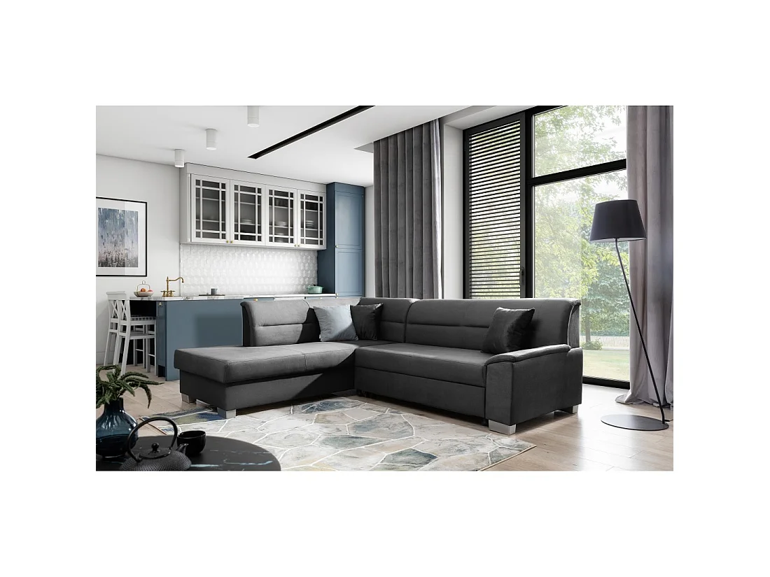 Canapé d'angle convertible TROMSO gris foncé effet velours – Angle gauche avec coffre