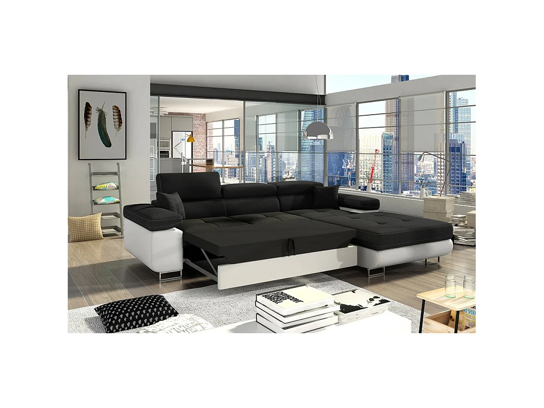 Canapé d'angle convertible AMANDA noir et blanc – Tissu effet lin – Angle droit