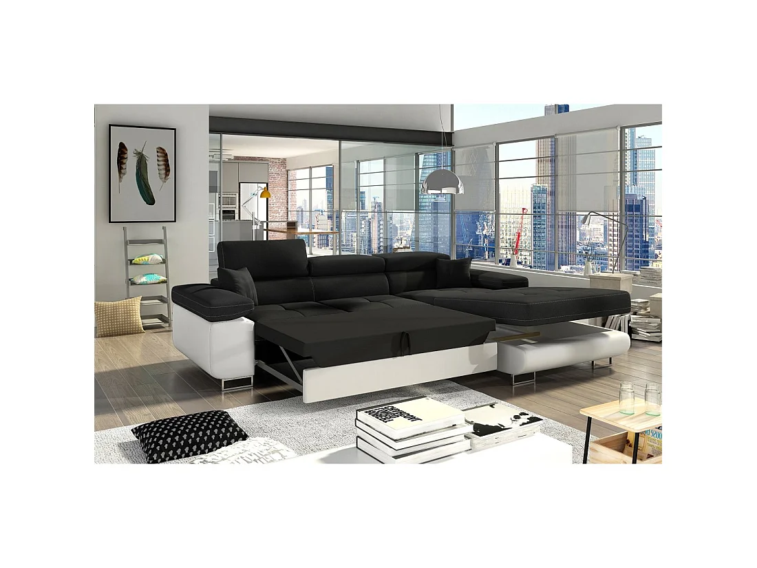 Canapé d'angle convertible AMANDA noir et blanc – Tissu effet lin – Angle droit