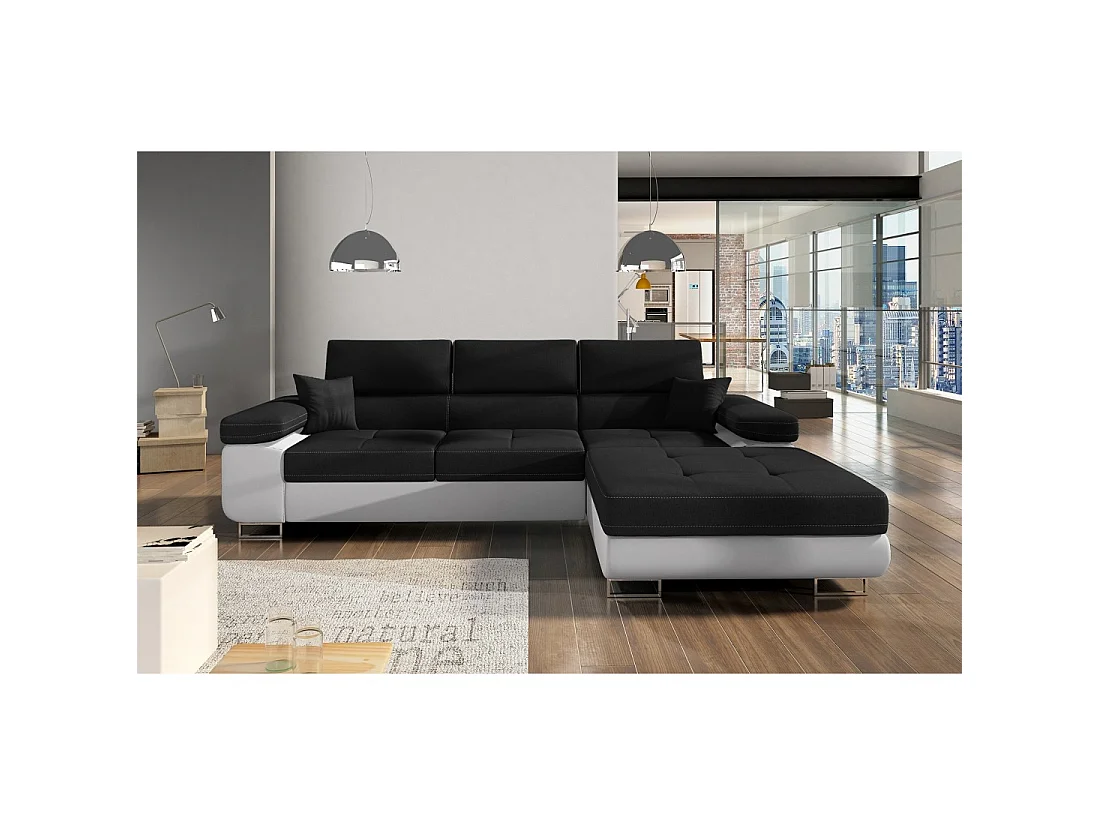 Canapé d'angle convertible AMANDA noir et blanc – Tissu effet lin – Angle droit