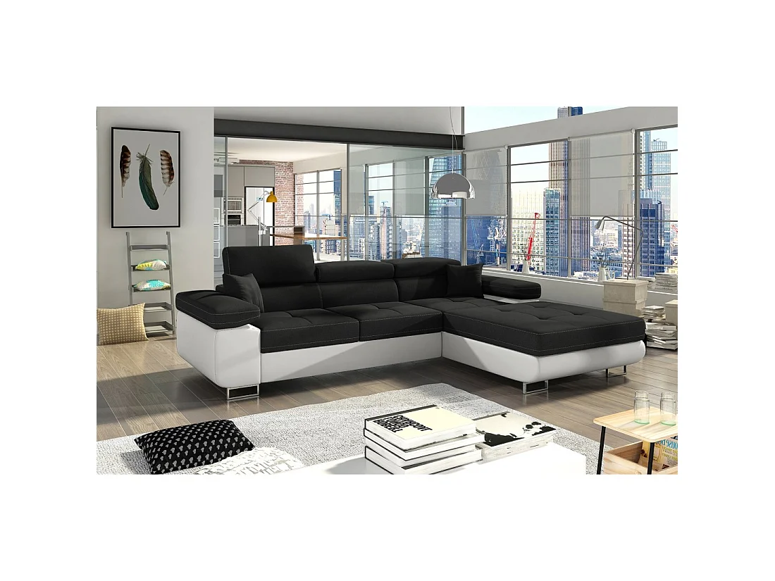 Canapé d'angle convertible AMANDA noir et blanc – Tissu effet lin – Angle droit