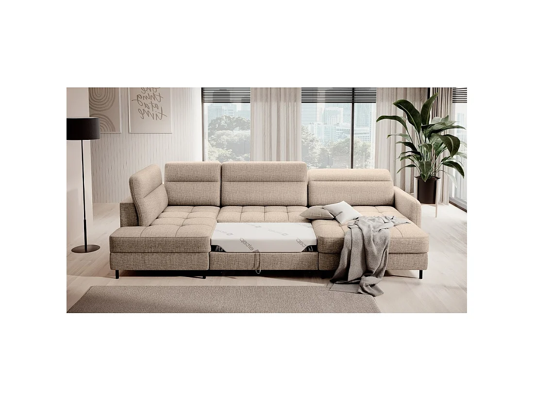 Canapé d'angle convertible BERTHO 306 cm beige clair effet chiné – Angle droit avec coffre