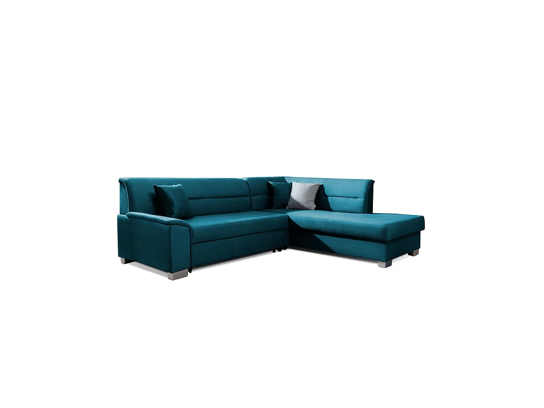 Canapé d'angle convertible TROMSO bleu foncé effet velours – Angle droit avec coffre