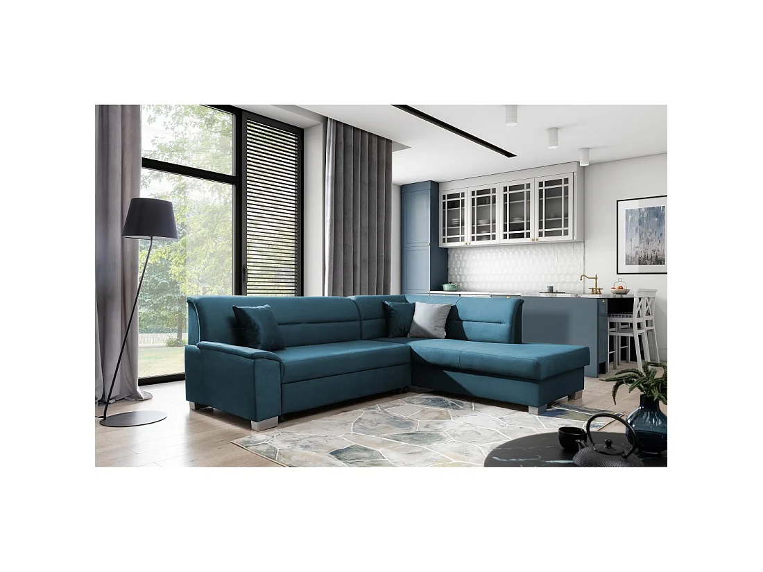 Canapé d'angle convertible TROMSO bleu foncé effet velours – Angle droit avec coffre