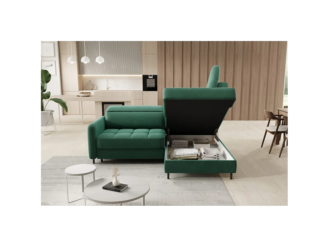 Canapé d'angle droit convertible BARNEA 208 cm vert foncé avec rangement