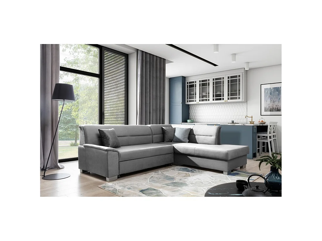 Canapé d'angle convertible TROMSO gris effet velours – Angle droit avec coffre