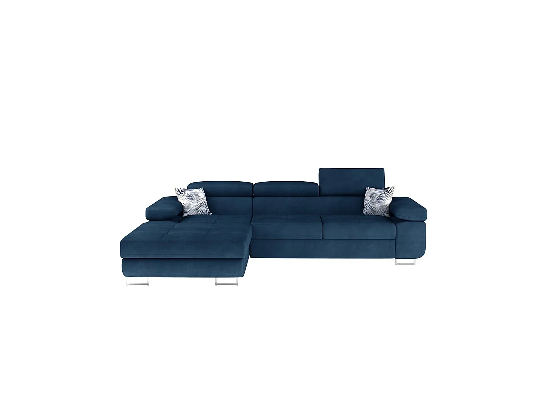 Canapé d'angle convertible AMANDA bleu foncé tissu chiné avec coffre