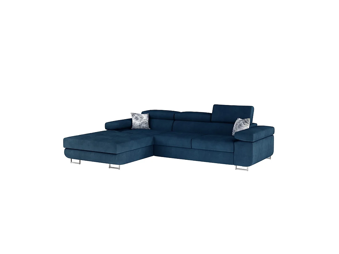 Canapé d'angle convertible AMANDA bleu foncé tissu chiné avec coffre
