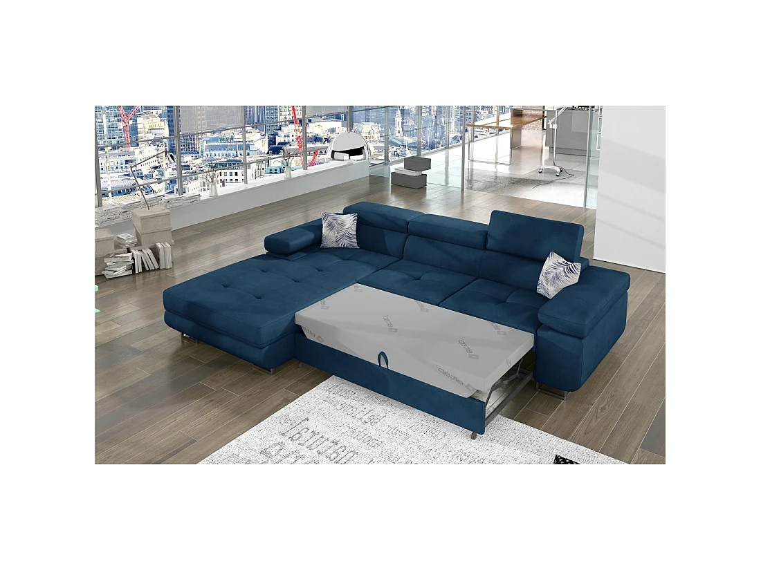 Canapé d'angle convertible AMANDA bleu foncé tissu chiné avec coffre