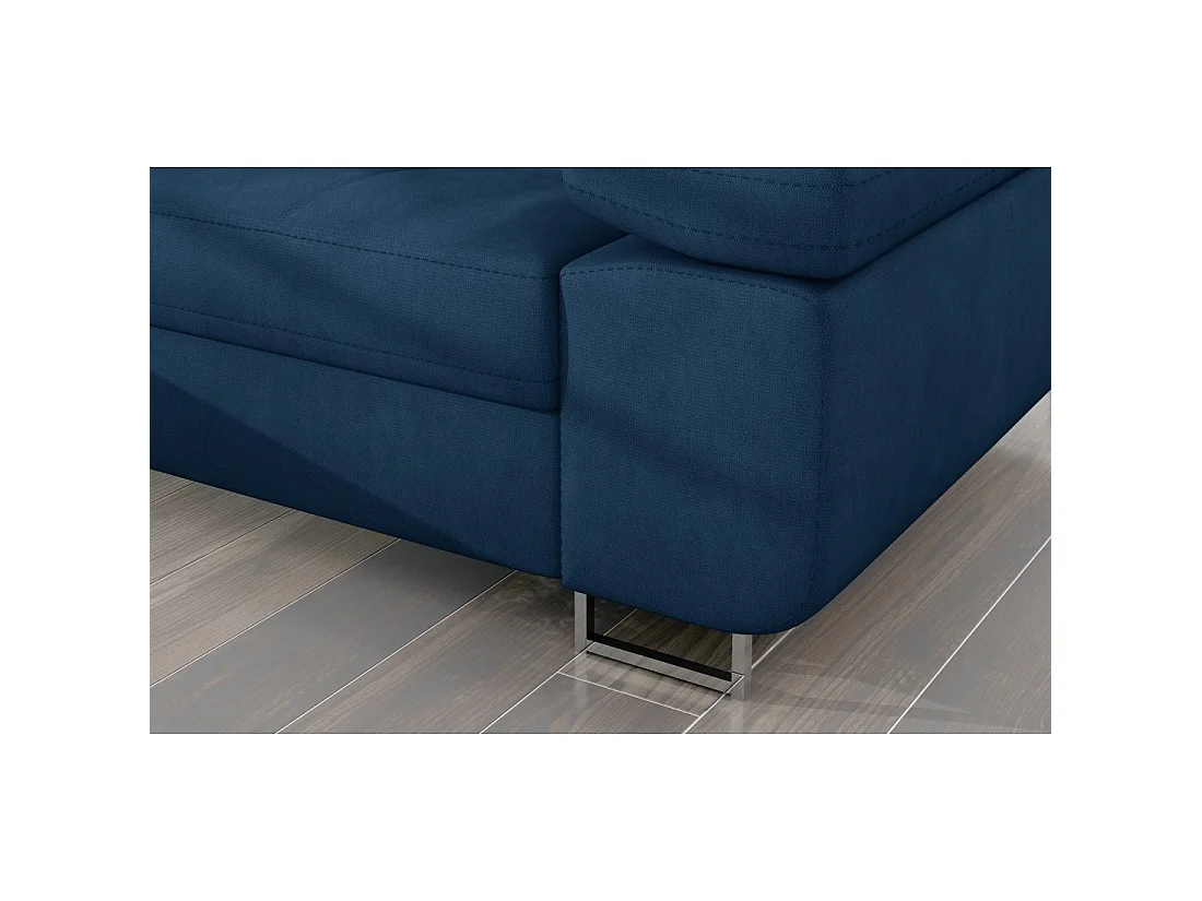 Canapé d'angle convertible AMANDA bleu foncé tissu chiné avec coffre