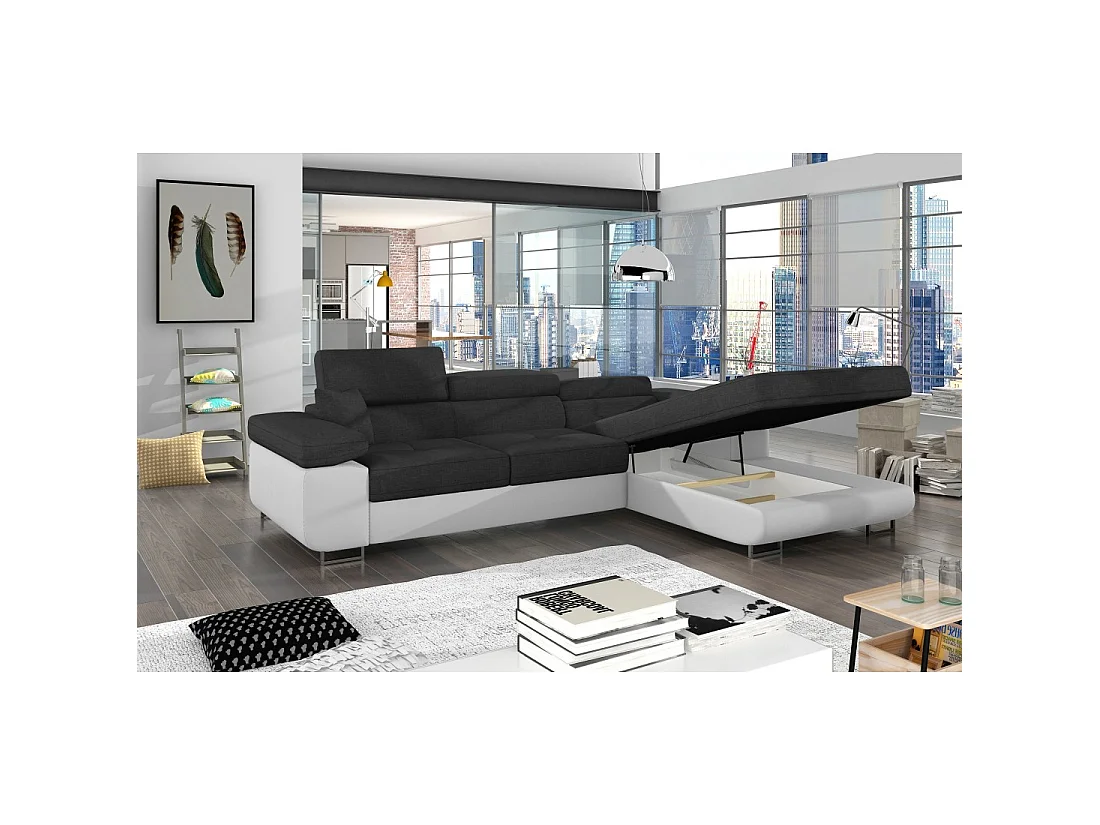 Canapé d'angle convertible AMANDA gris foncé et blanc – Tissu effet lin – Angle droit