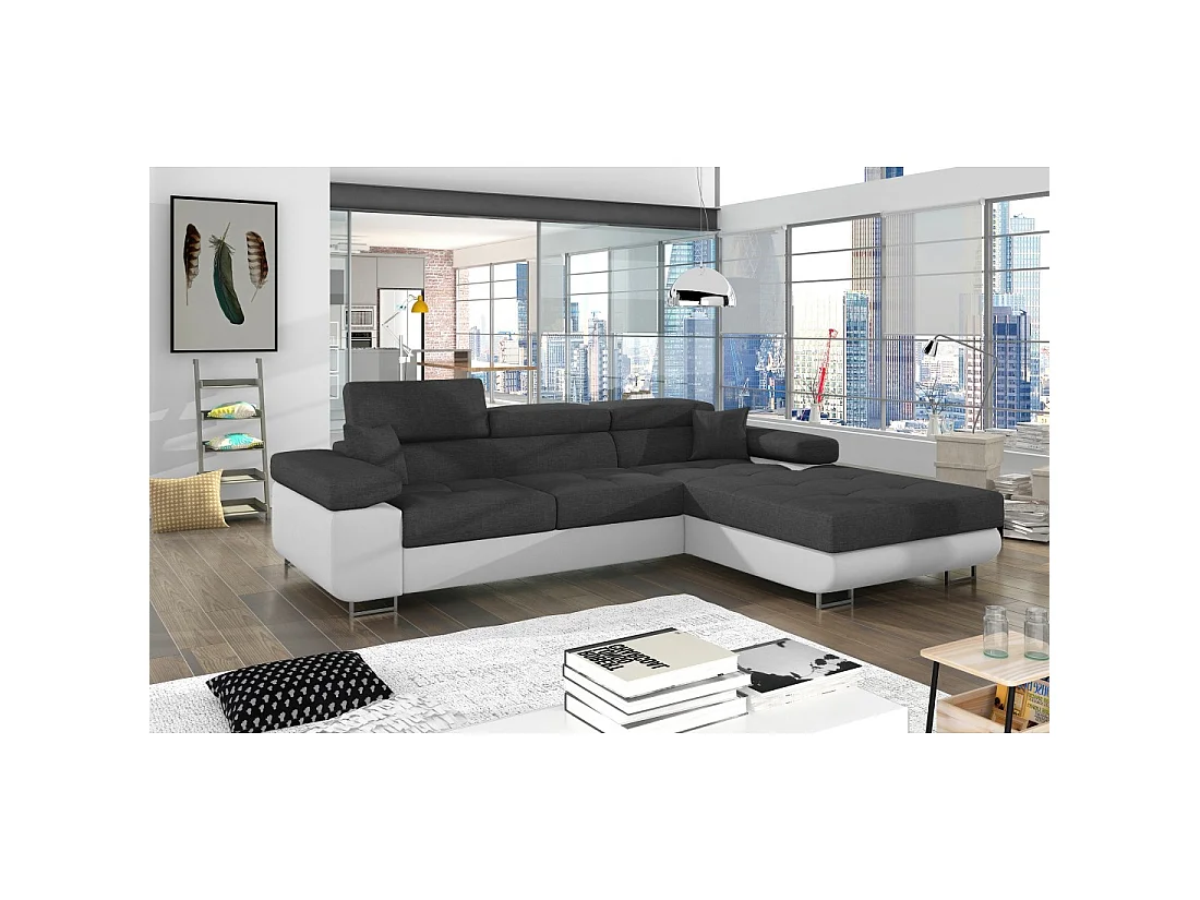 Canapé d'angle convertible AMANDA gris foncé et blanc – Tissu effet lin – Angle droit