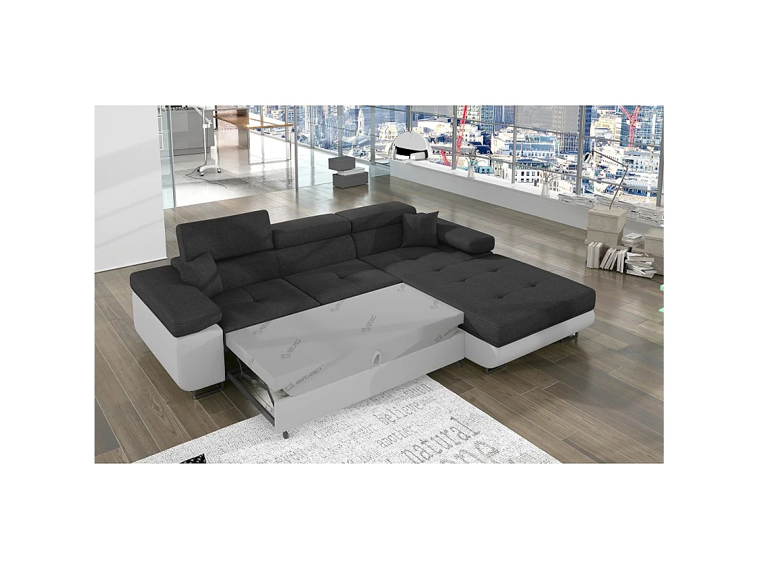 Canapé d'angle convertible AMANDA gris foncé et blanc – Tissu effet lin – Angle droit