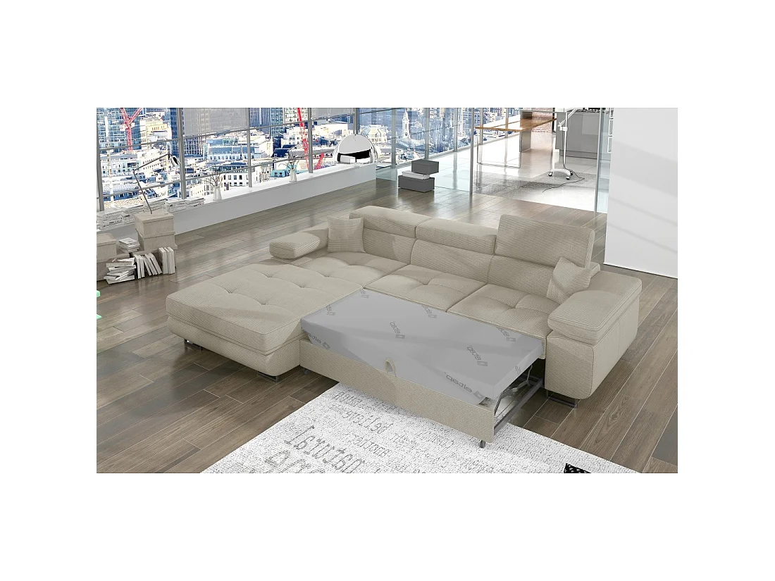Canapé d'angle convertible AMANDA beige clair velours côtelé avec coffre gauche