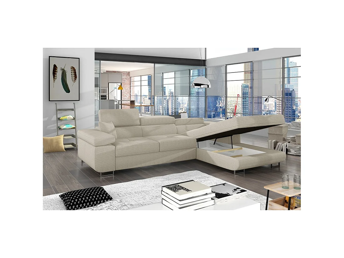 Canapé d'angle convertible AMANDA beige velours côtelé avec coffre