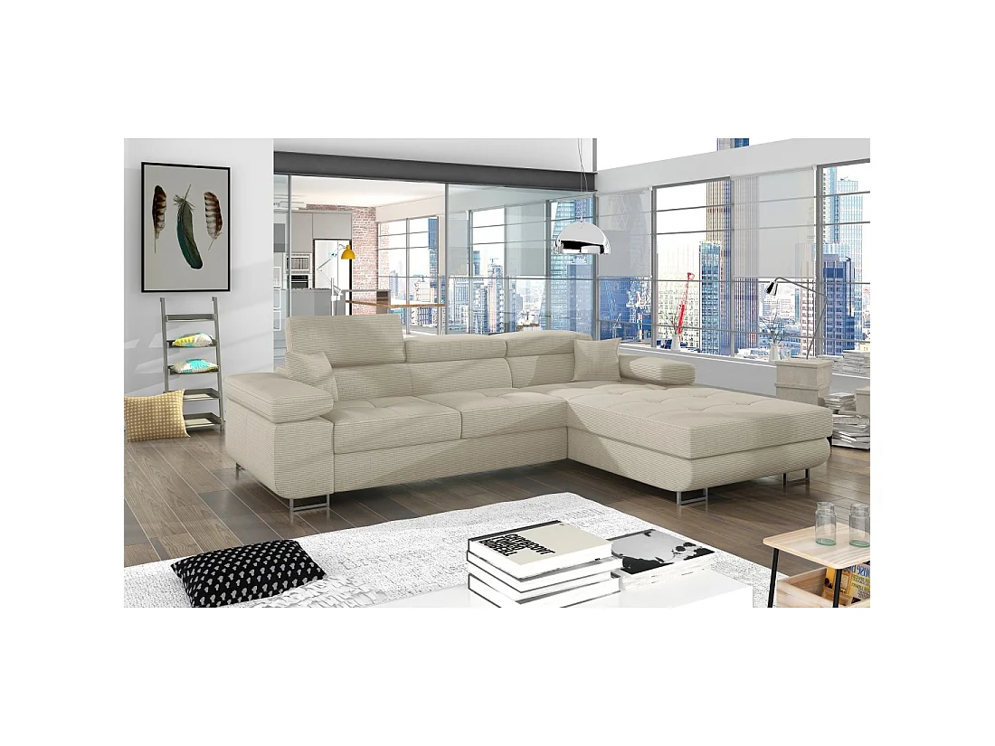 Canapé d'angle convertible AMANDA beige velours côtelé avec coffre