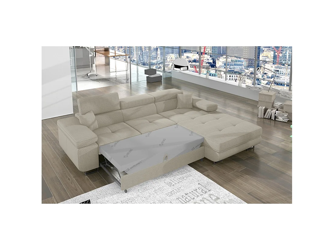 Canapé d'angle convertible AMANDA beige velours côtelé avec coffre