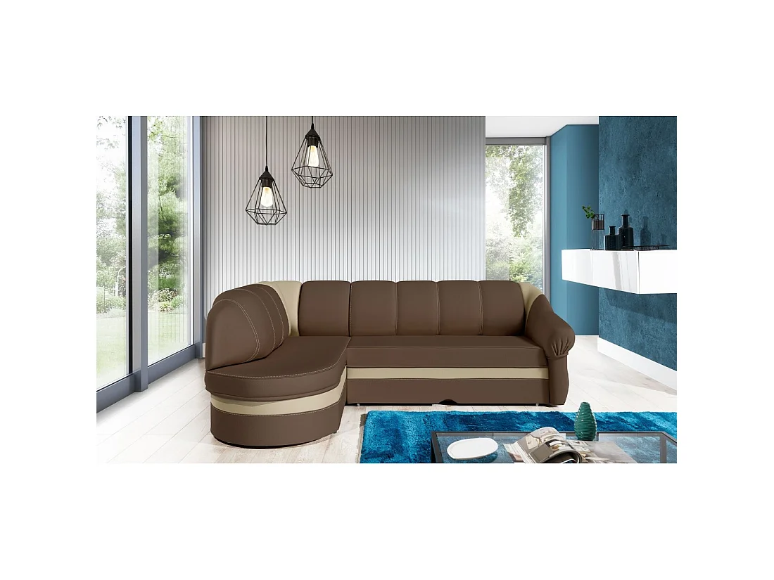 Canapé d'angle gauche convertible BENANA 250 cm marron et crème avec coffre