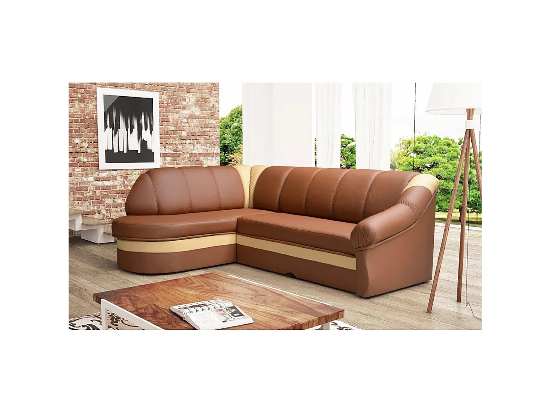 Canapé d'angle gauche convertible BENANA 250 cm marron et crème avec coffre