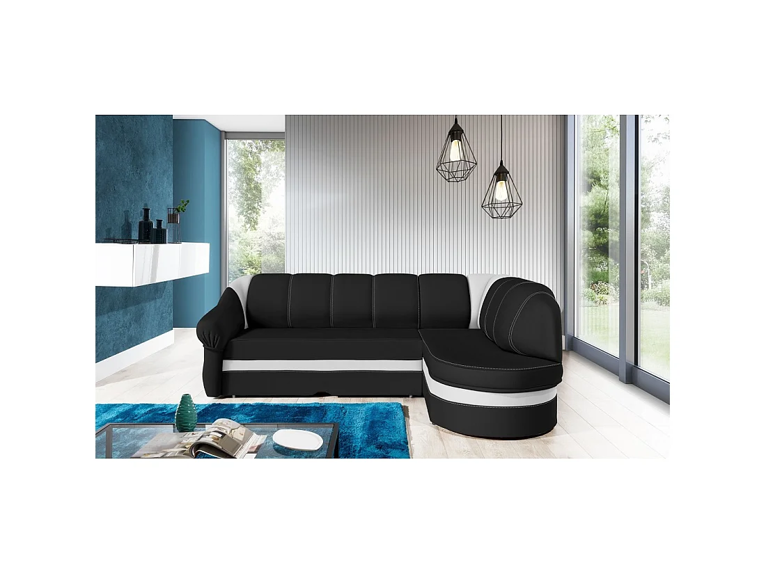 Canapé d'angle droit convertible BENANA 250 cm noir et blanc avec coffre de rangement