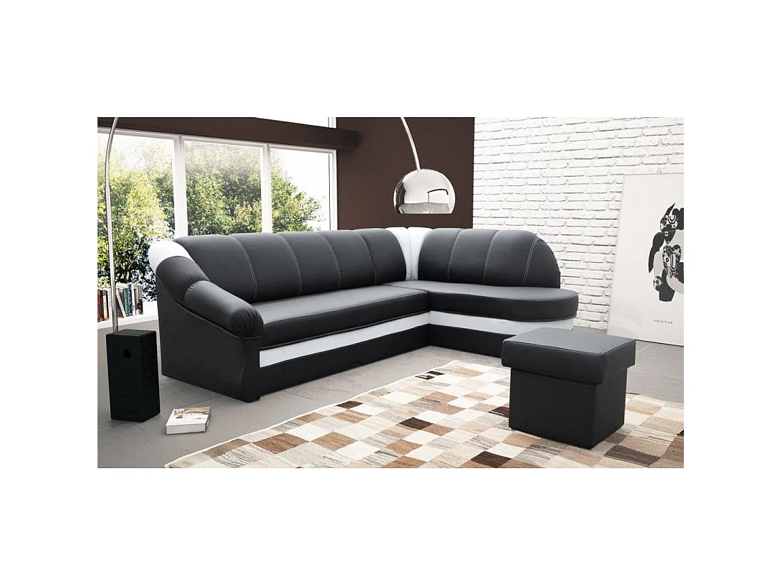 Canapé d'angle droit convertible BENANA 250 cm noir et blanc avec coffre de rangement