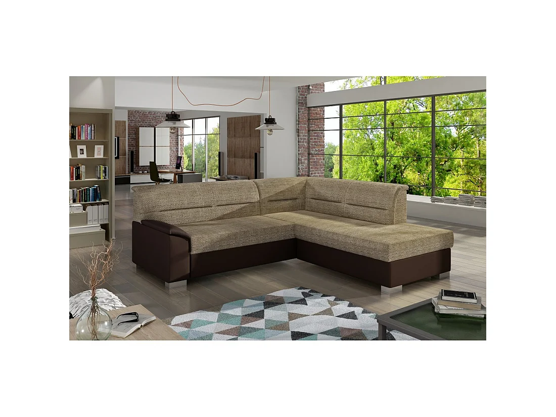 Canapé d'angle convertible TROMSO beige et chocolat – Angle droit avec coffre