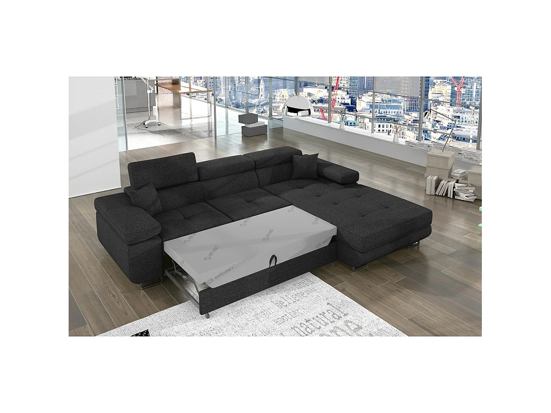 Canapé d'angle convertible AMANDA gris foncé en tissu structuré avec coffre