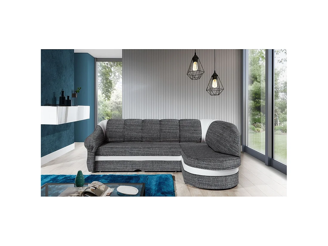 Canapé d'angle droit convertible BENANA 250 cm gris et blanc avec coffre de rangement