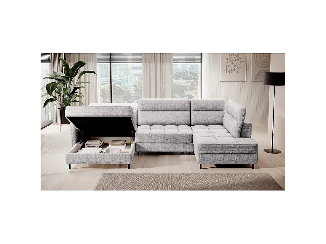 Canapé d'angle convertible BERTHO 306 cm gris clair – Angle gauche avec coffre