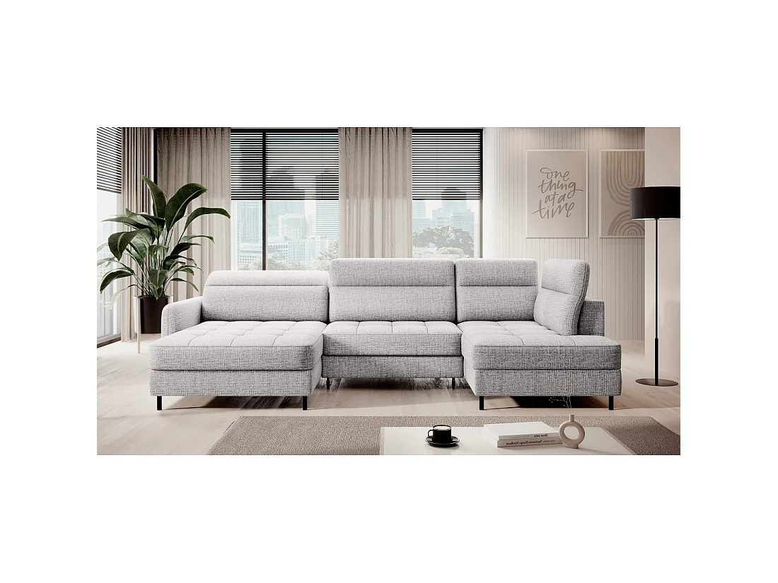Canapé d'angle convertible BERTHO 306 cm gris clair – Angle gauche avec coffre