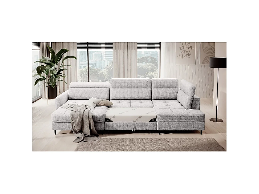 Canapé d'angle convertible BERTHO 306 cm gris clair – Angle gauche avec coffre