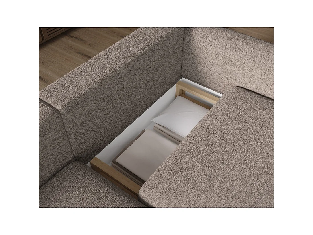Canapé d'angle convertible ARVESSA brun clair – Angle gauche avec coffre