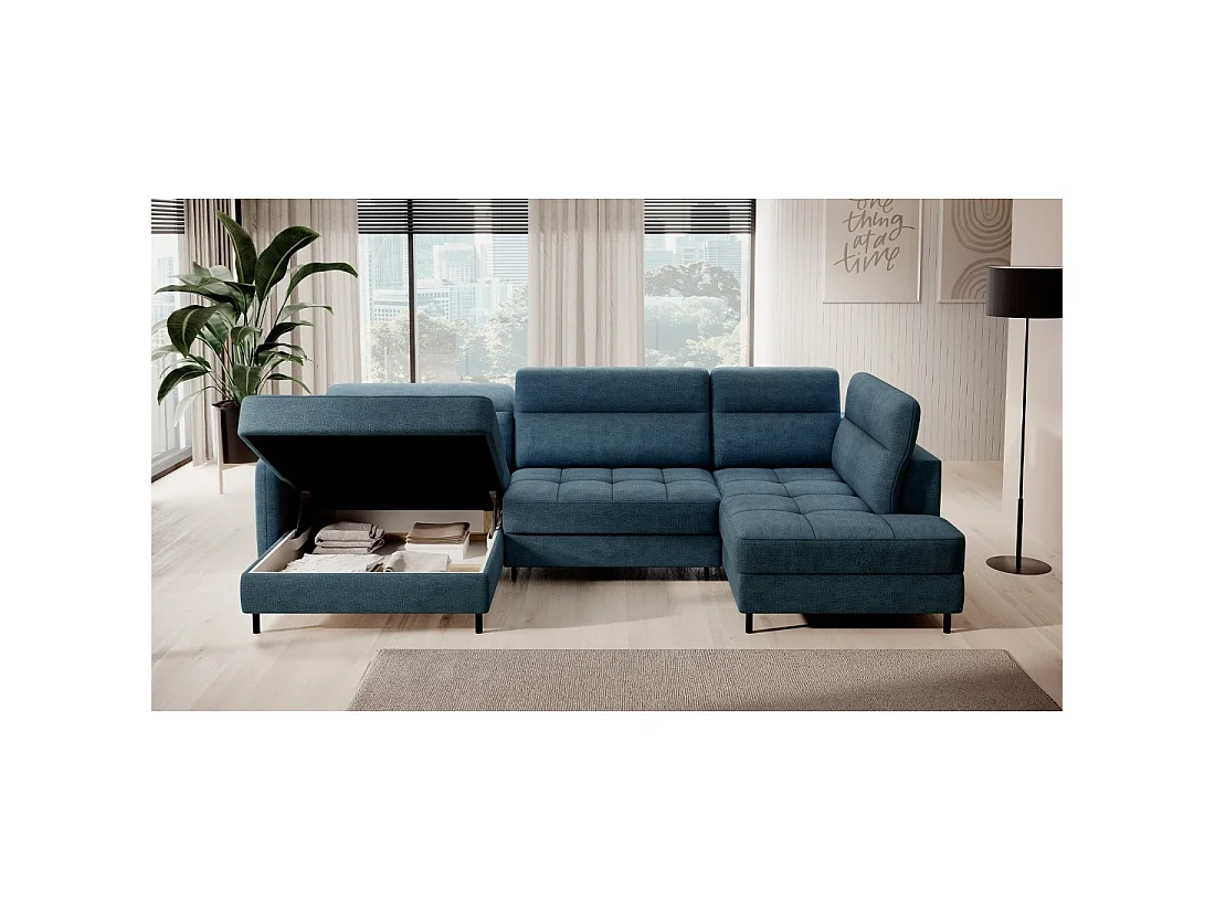 Canapé d'angle convertible BERTHO 306 cm bleu canard – Angle gauche avec coffre