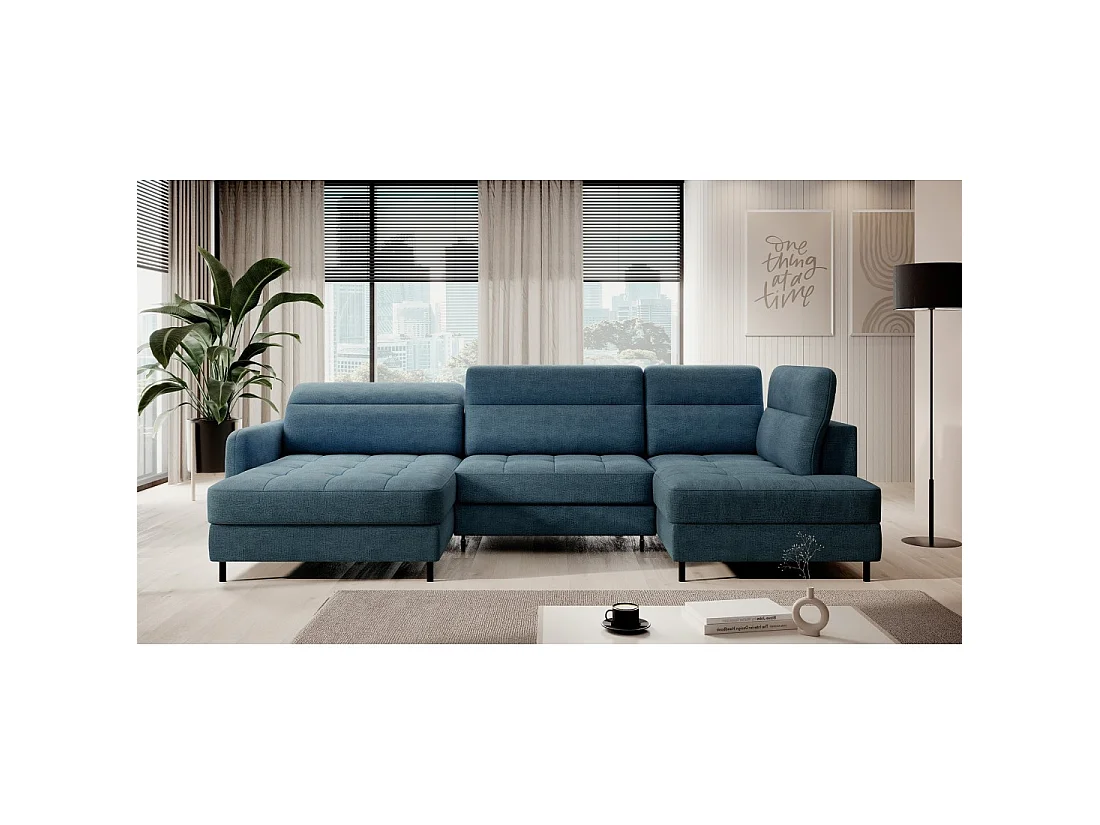 Canapé d'angle convertible BERTHO 306 cm bleu canard – Angle gauche avec coffre